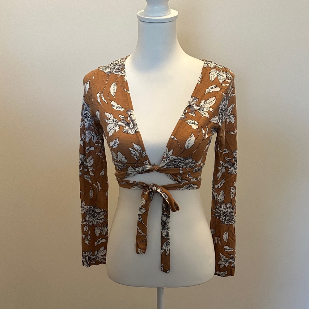 Nasty Gal Brown Floral Wrap Crop Top